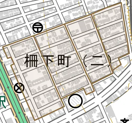 柵下町とその周辺の地図。町の範囲を重ねている