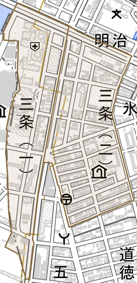 三条とその周辺の地図。町の範囲を重ねている