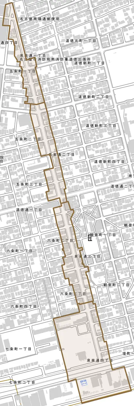 泉楽通とその周辺の地図。町の範囲を重ねている