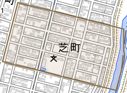 芝町とその周辺の地図。町の範囲を重ねている