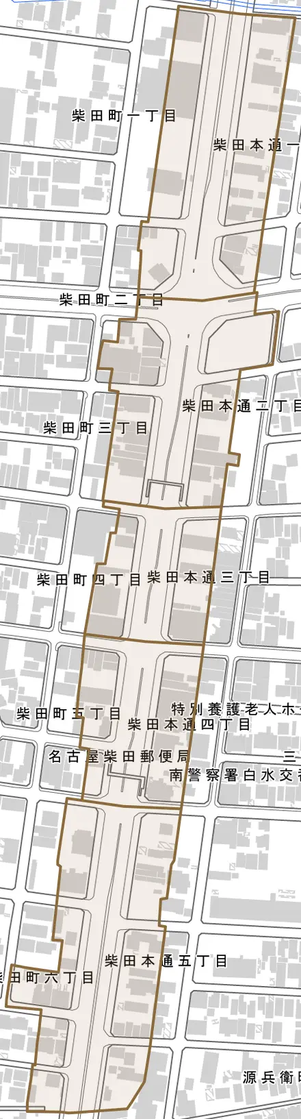 柴田本通とその周辺の地図。町の範囲を重ねている