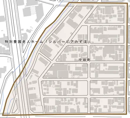 汐田町とその周辺の地図。町の範囲を重ねている