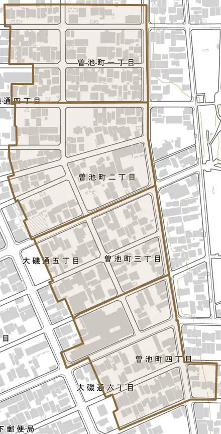 曽池町とその周辺の地図。町の範囲を重ねている