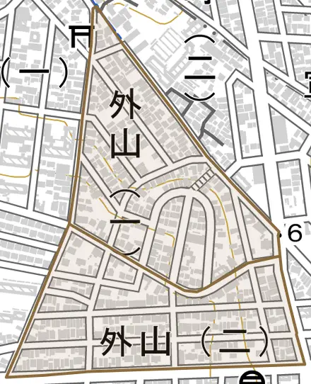 外山とその周辺の地図。町の範囲を重ねている