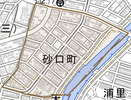 砂口町とその周辺の地図。町の範囲を重ねている