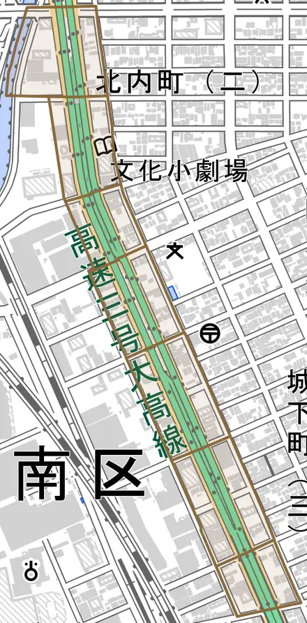 千竃通とその周辺の地図。町の範囲を重ねている