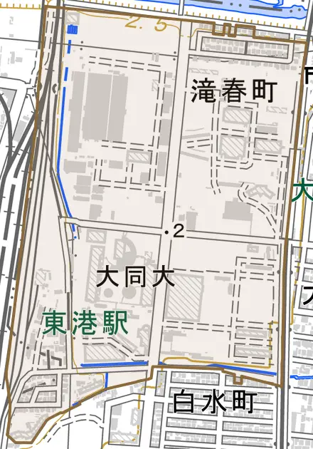 滝春町とその周辺の地図。町の範囲を重ねている