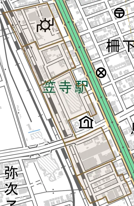 立脇町とその周辺の地図。町の範囲を重ねている