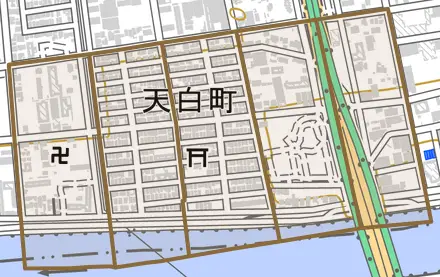 天白町とその周辺の地図。町の範囲を重ねている