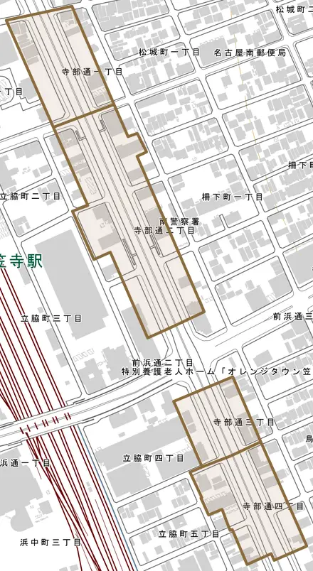 寺部通とその周辺の地図。町の範囲を重ねている