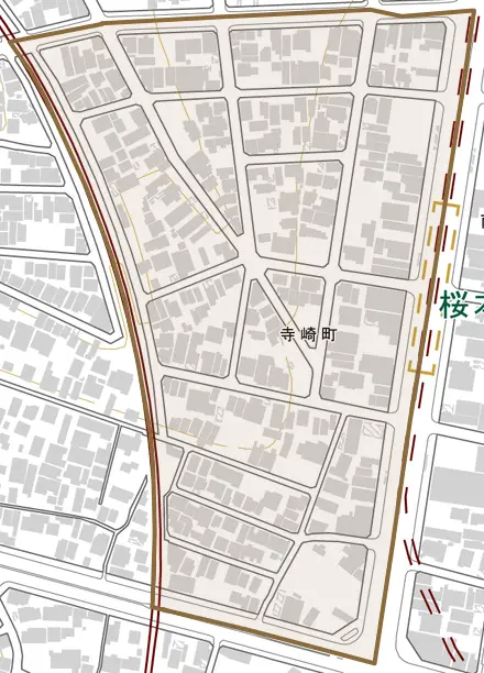 寺崎町とその周辺の地図。町の範囲を重ねている