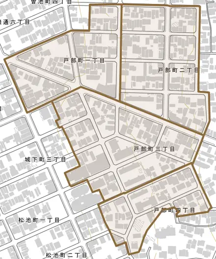 戸部町とその周辺の地図。町の範囲を重ねている
