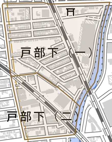 戸部下とその周辺の地図。町の範囲を重ねている
