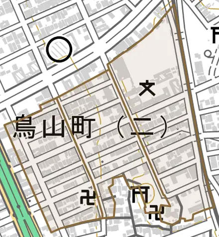 鳥山町とその周辺の地図。町の範囲を重ねている