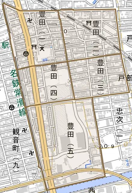 豊田とその周辺の地図。町の範囲を重ねている