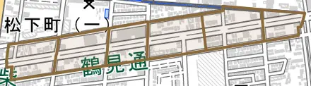 鶴見通とその周辺の地図。町の範囲を重ねている