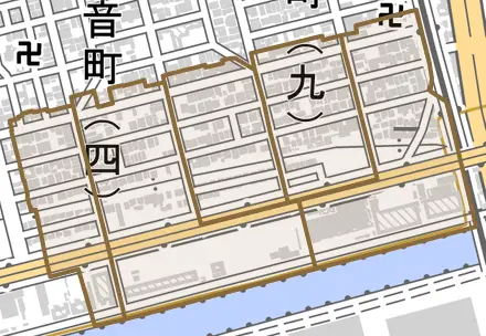 堤町とその周辺の地図。町の範囲を重ねている