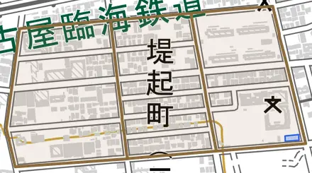 堤起町とその周辺の地図。町の範囲を重ねている