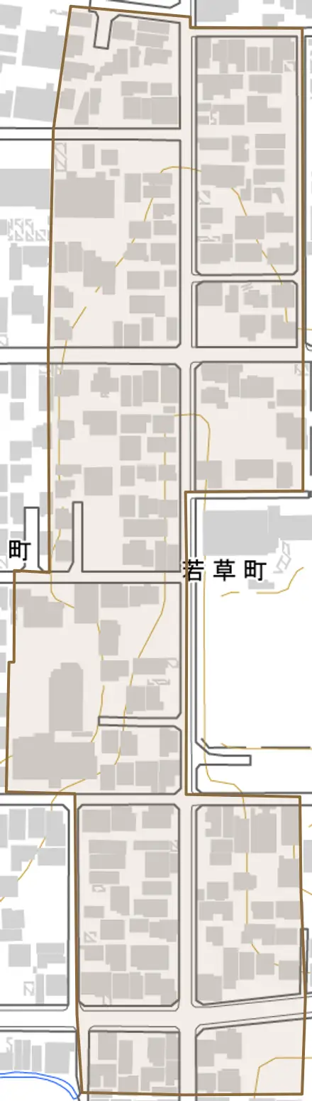 若草町とその周辺の地図。町の範囲を重ねている
