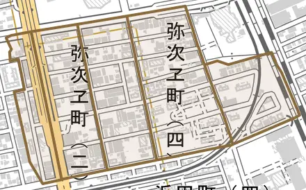 弥次ヱ町とその周辺の地図。町の範囲を重ねている