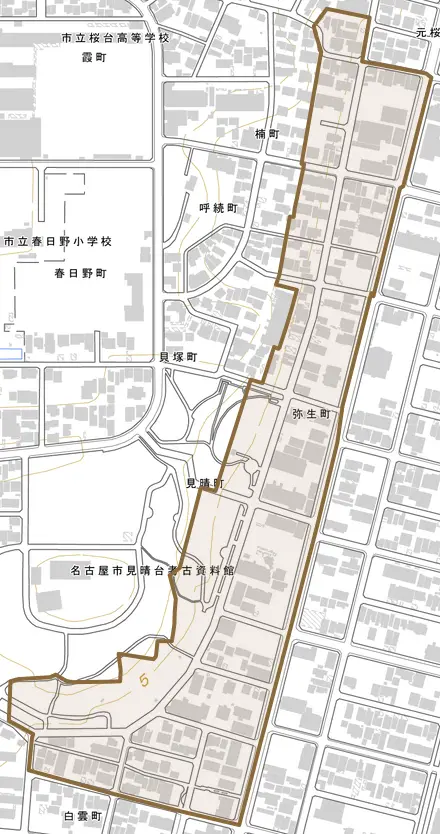 弥生町とその周辺の地図。町の範囲を重ねている
