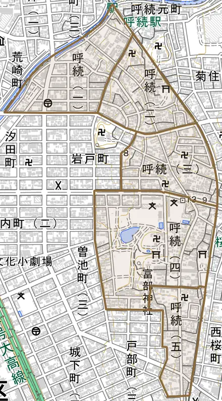 呼続とその周辺の地図。町の範囲を重ねている