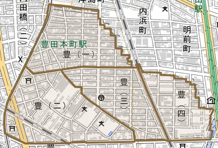 豊とその周辺の地図。町の範囲を重ねている