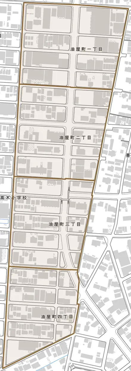油屋町とその周辺の地図。町の範囲を重ねている