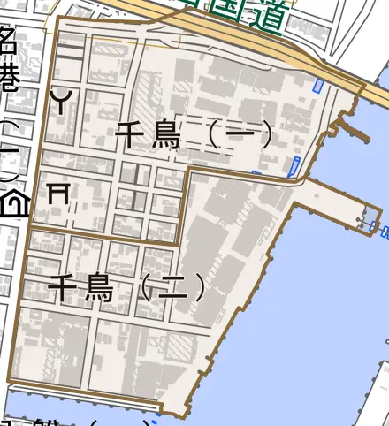 千鳥とその周辺の地図。町の範囲を重ねている
