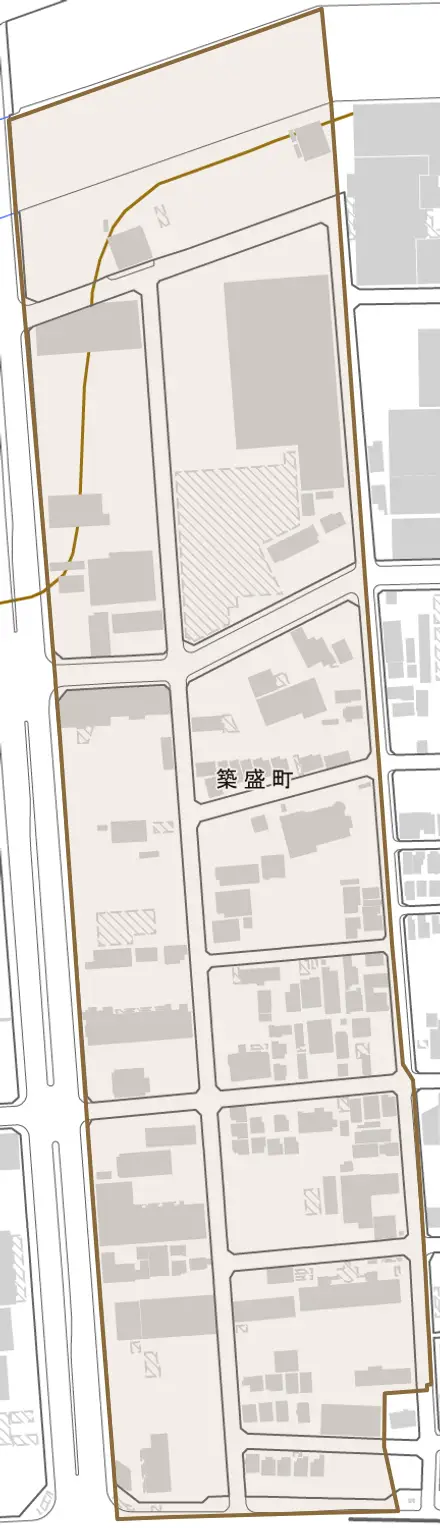築盛町とその周辺の地図。町の範囲を重ねている