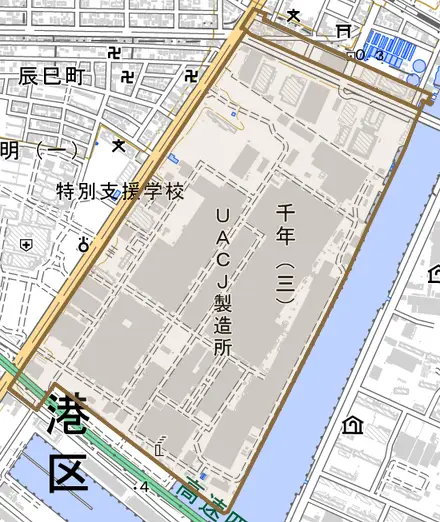 千年とその周辺の地図。町の範囲を重ねている