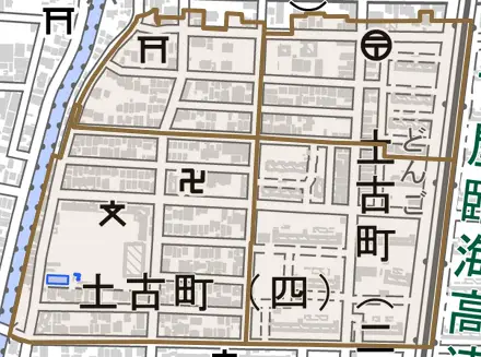 土古町とその周辺の地図。町の範囲を重ねている