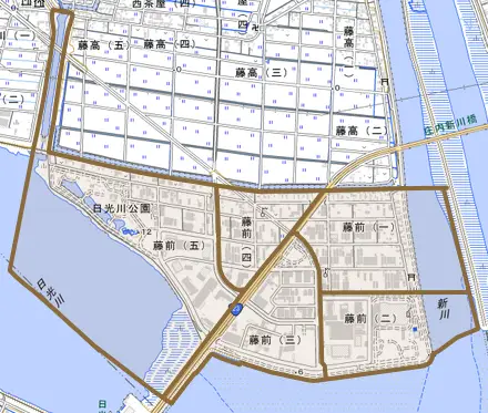 藤前とその周辺の地図。町の範囲を重ねている