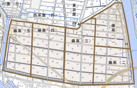 藤高とその周辺の地図。町の範囲を重ねている