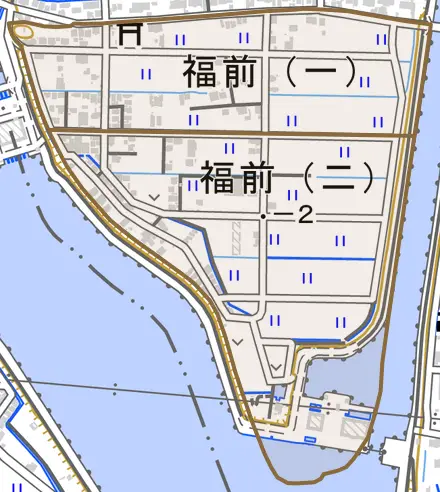 福前とその周辺の地図。町の範囲を重ねている