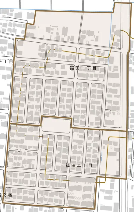 福田とその周辺の地図。町の範囲を重ねている
