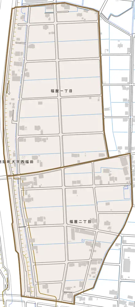 福屋とその周辺の地図。町の範囲を重ねている