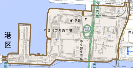 船見町とその周辺の地図。町の範囲を重ねている