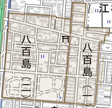 八百島とその周辺の地図。町の範囲を重ねている