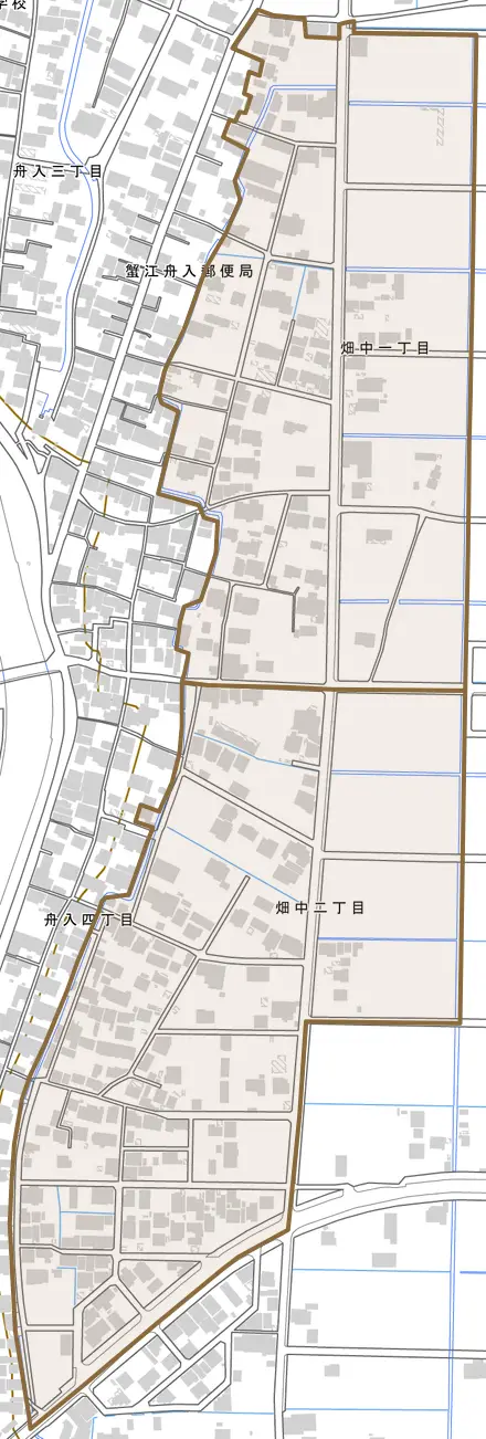 畑中とその周辺の地図。町の範囲を重ねている