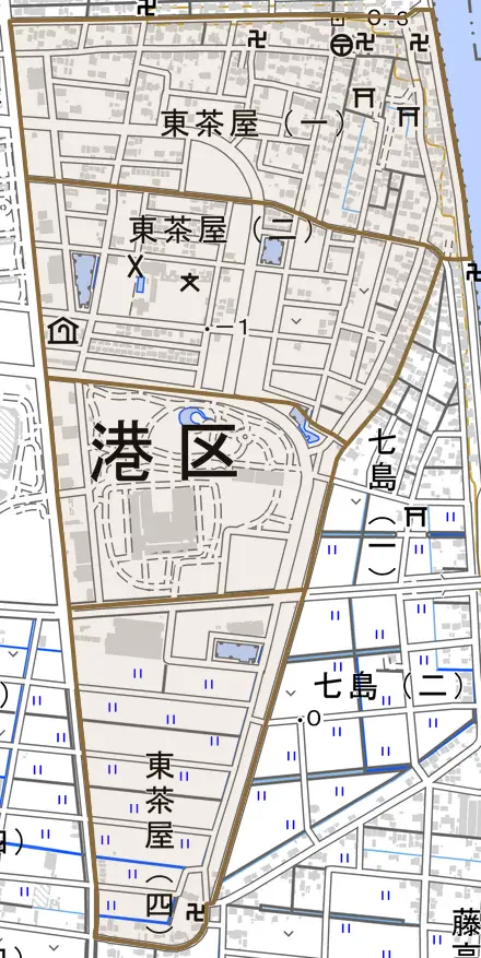 東茶屋とその周辺の地図。町の範囲を重ねている