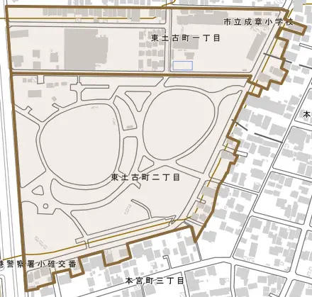 東土古町とその周辺の地図。町の範囲を重ねている