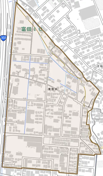 東蟹田とその周辺の地図。町の範囲を重ねている