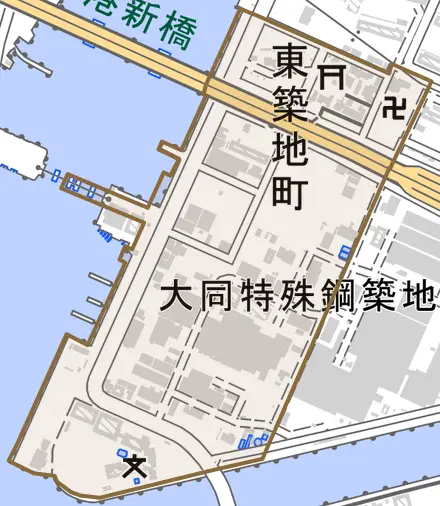 東築地町とその周辺の地図。町の範囲を重ねている