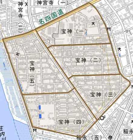 宝神とその周辺の地図。町の範囲を重ねている