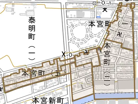 本宮町とその周辺の地図。町の範囲を重ねている