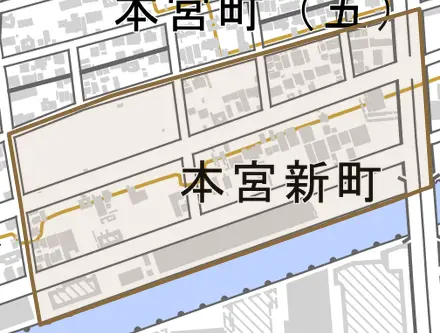 本宮新町とその周辺の地図。町の範囲を重ねている