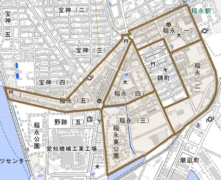 稲永とその周辺の地図。町の範囲を重ねている