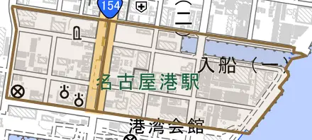 入船とその周辺の地図。町の範囲を重ねている