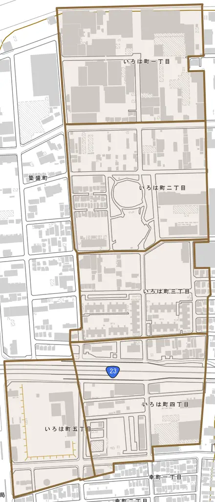 いろは町とその周辺の地図。町の範囲を重ねている